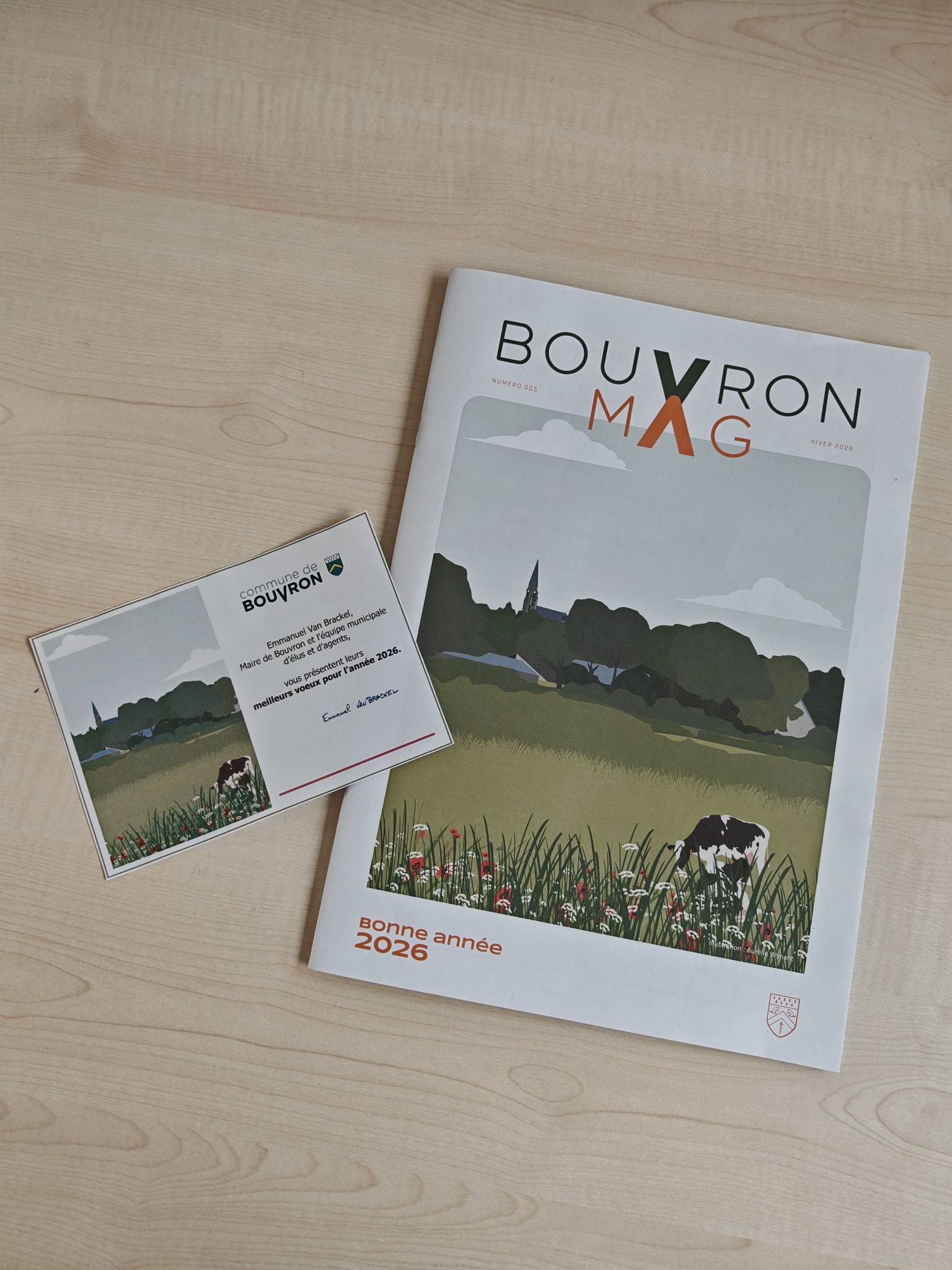 Illustration sur carte de vœux et Une du magazine municipal de Bouvron (44)