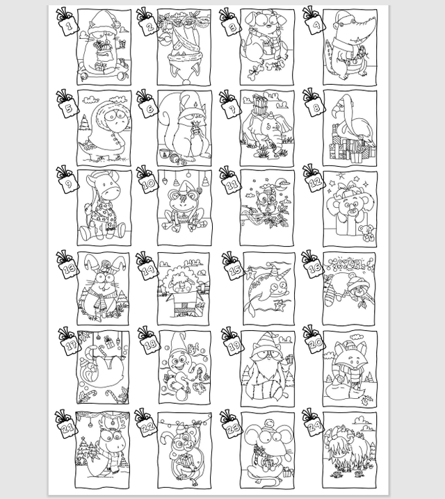 Vu de toutes les pages du PDF du Calendrier de l'avent à colorier